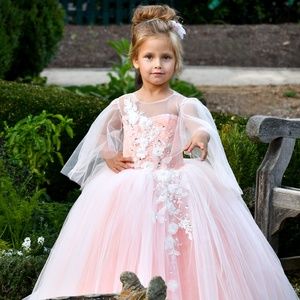 Coral Lace flower girl dress with train